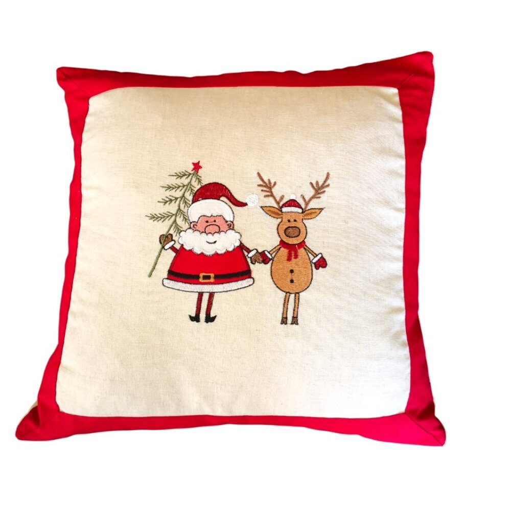 Embroidered Santa And Reindeer Holiday Accent Pillow 18" x18"
